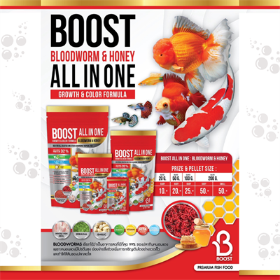 BOOST ALL IN ONE Bloodworm & Honey Fish food mixed with bloodworms and honey (floating pellets) for guppies, goldfish, carps and all types of ornamental fish.